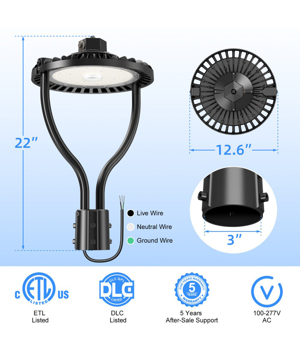 LED post top light for pathways, parking areas and site lighting