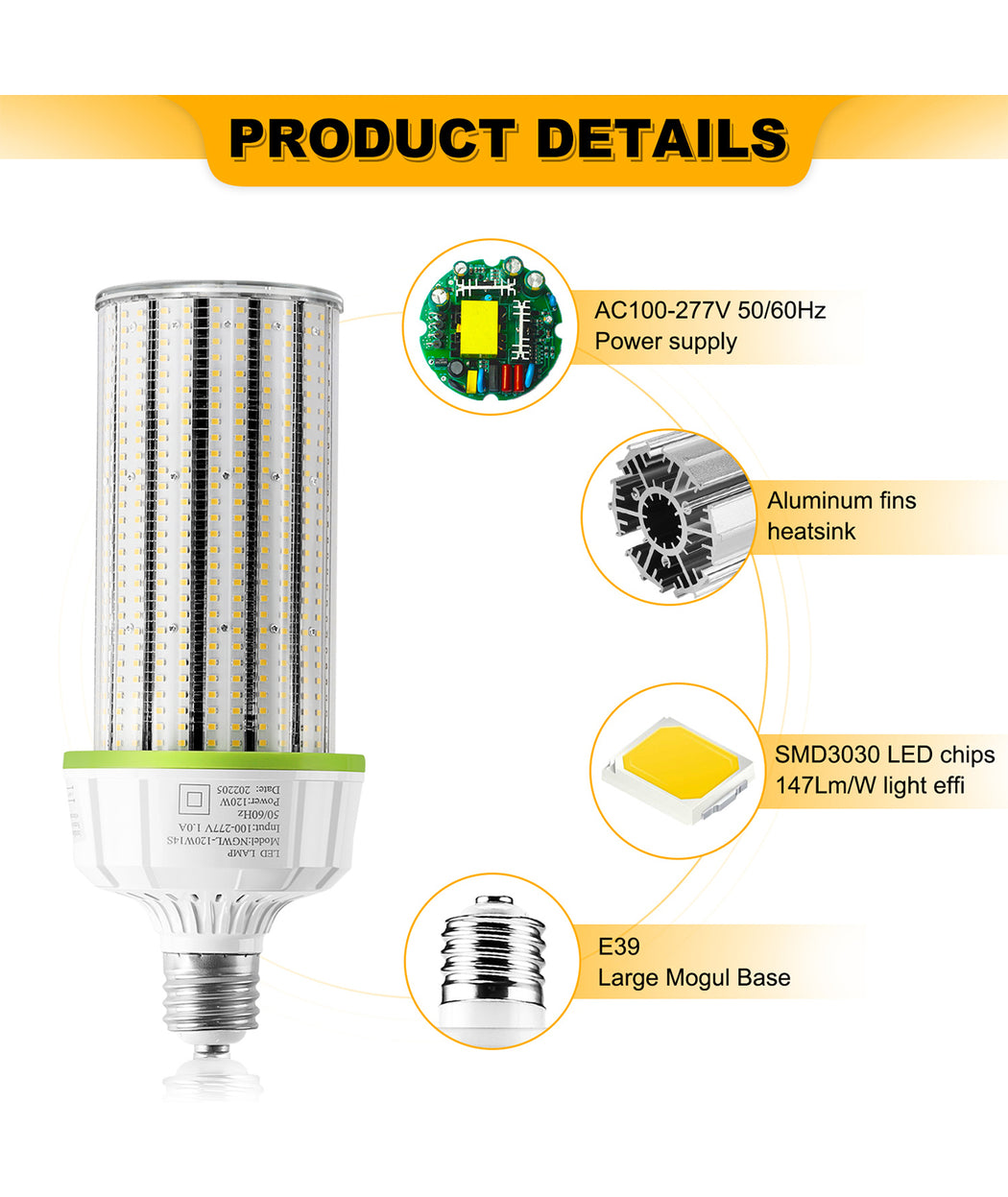 LED corn light bulb for commercial HID retrofit applications
