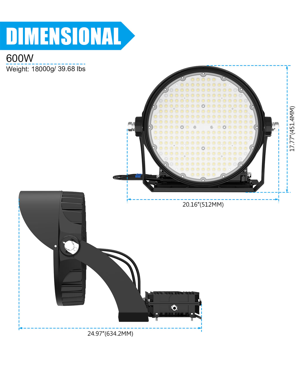 LED Sport Stadium area Light 600W/480W/360W Selectable, 100-277V AC, 60° Beam Angle, 0-10V Dimmable Outdoor
