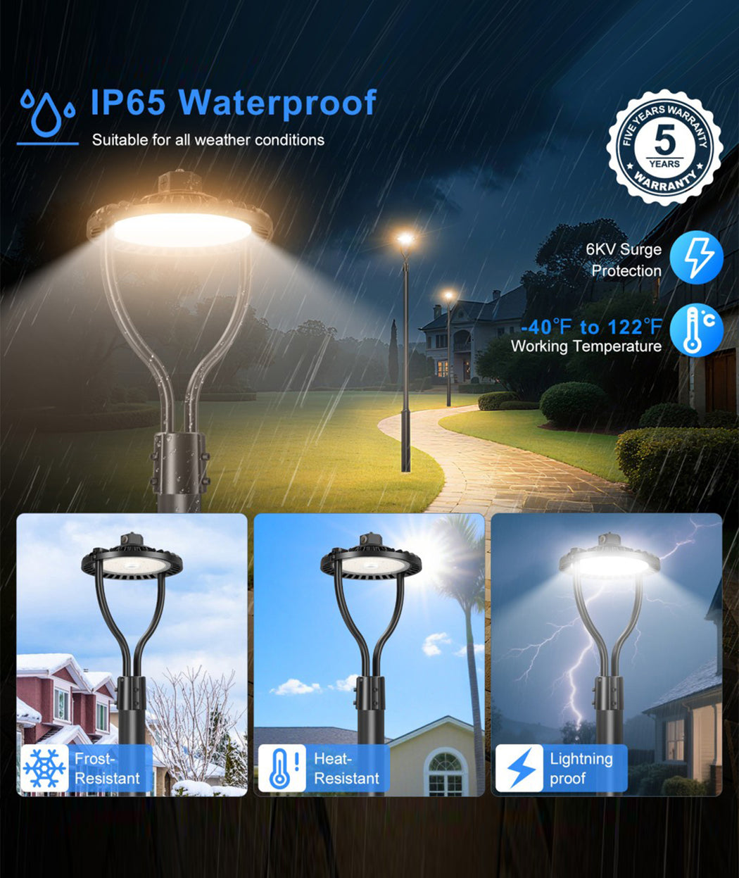 LED post top light for pathways, parking areas and site lighting