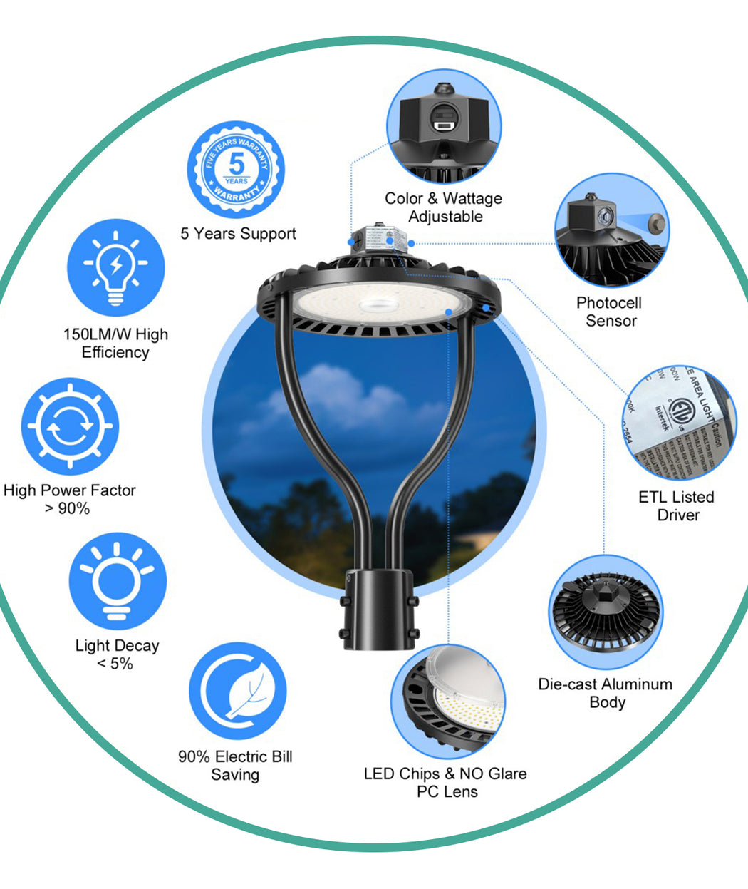 LED post top light for pathways, parking areas and site lighting