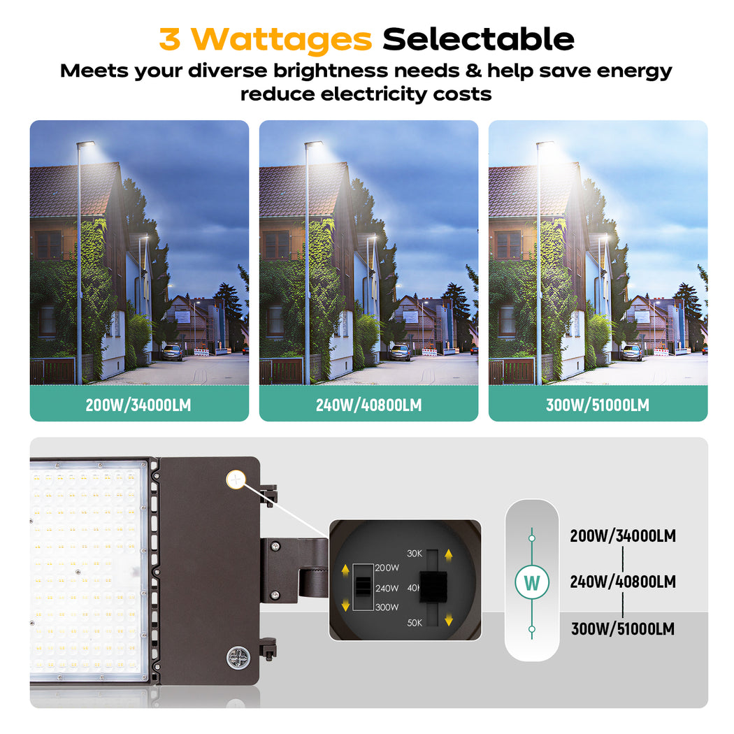 LED Shoebox Area Light 300W / 240W / 200W 51000 Lumens UL, DLC Premium  | 277-480V with Photocell Base
