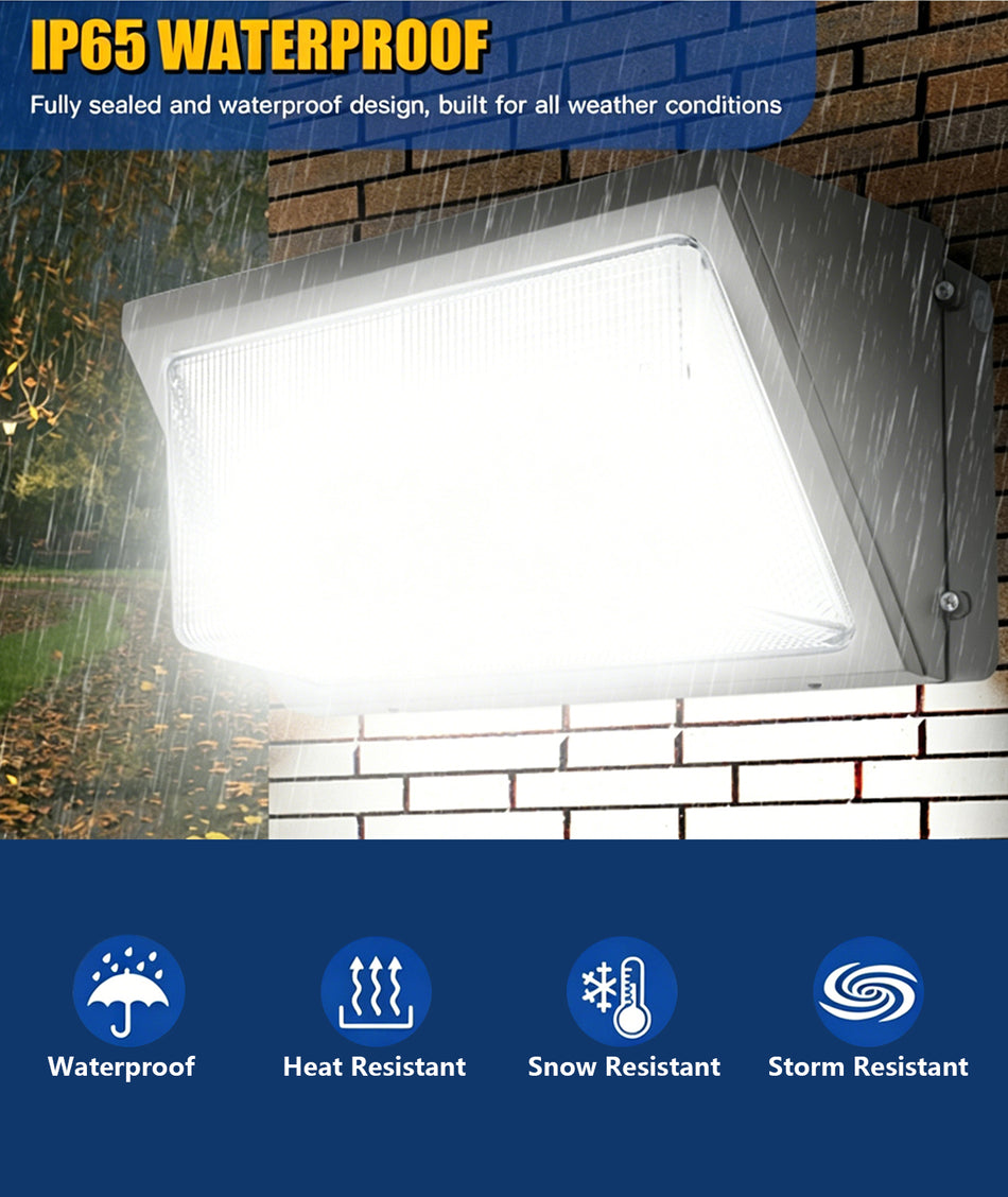 LED wall pack light with selectable CCT and photocell for exterior building and security lighting