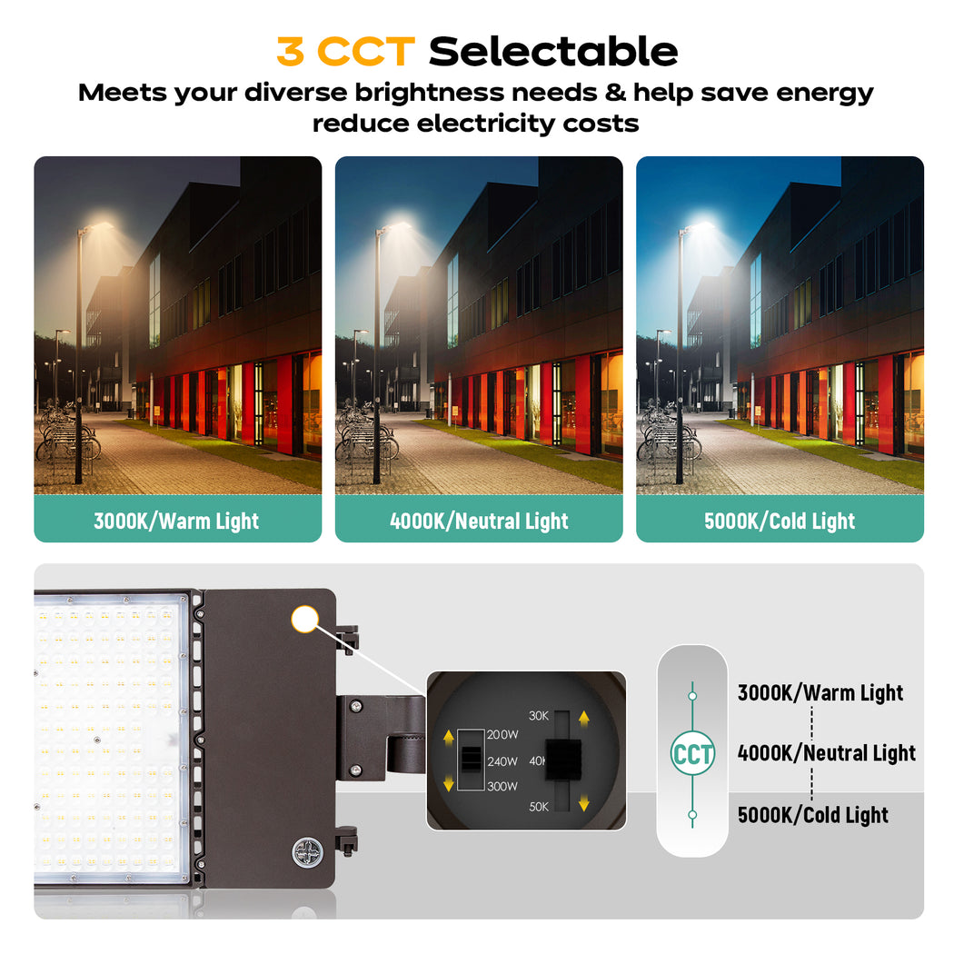 LED Shoebox Area Light 300W / 240W / 200W 51000 Lumens UL, DLC Premium  | 277-480V with Photocell Base