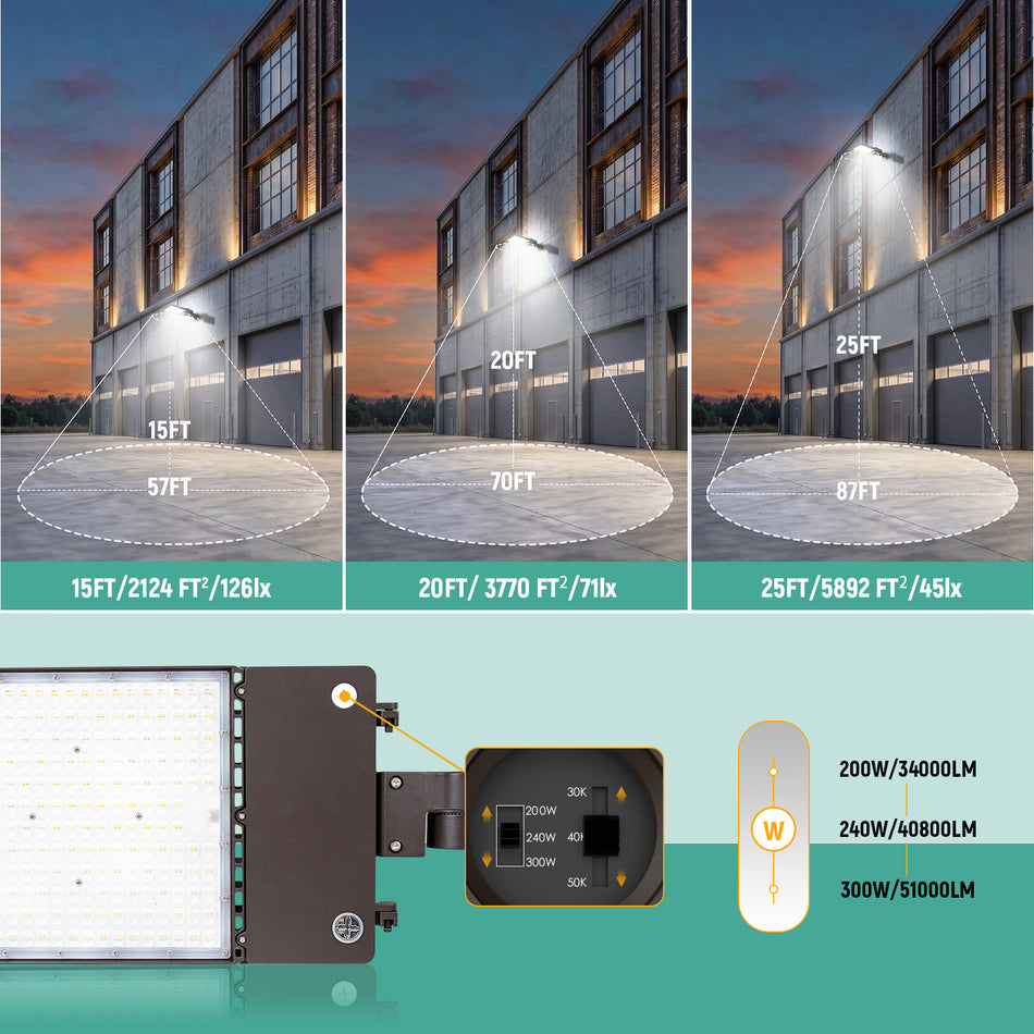 LED Shoebox Area Light 300W / 240W / 200W 51000 Lumens UL, DLC Premium  | 277-480V with Photocell Base