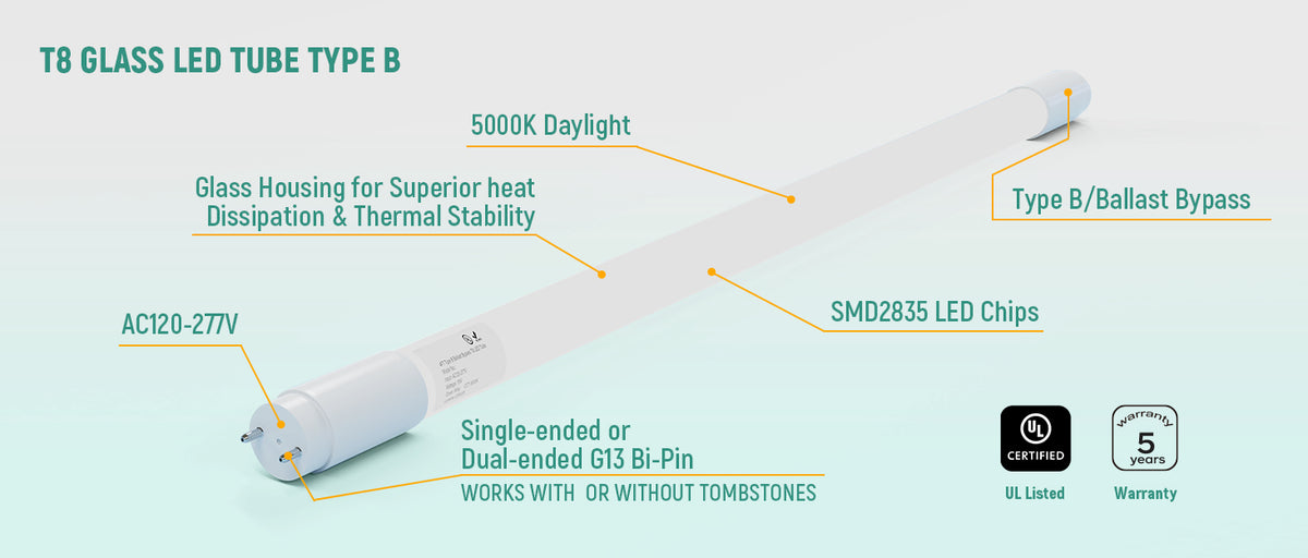 LED T8 Tube 4FT Type A+B, 5CCT & 5 Wattage Selectable | 24W