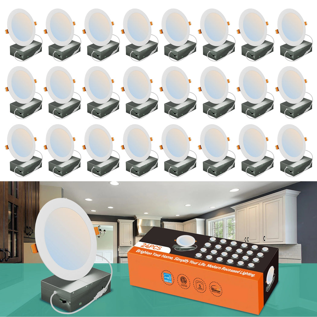 6 Inch 5CCT Slim LED Recessed Downlight 12W, IC Rated, Wet Location, Triac Dimmable – 24 Pack