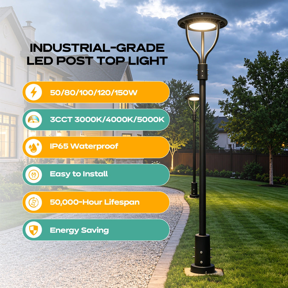 Gielight Wattage Selectable LED Post Top Light Fixture 50W-150W Built-in Photocell Sensor
