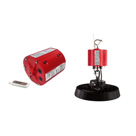 EMUFO-40170-YYII – red cylindrical emergency battery driver, remote control and suspended UFO high bay installation