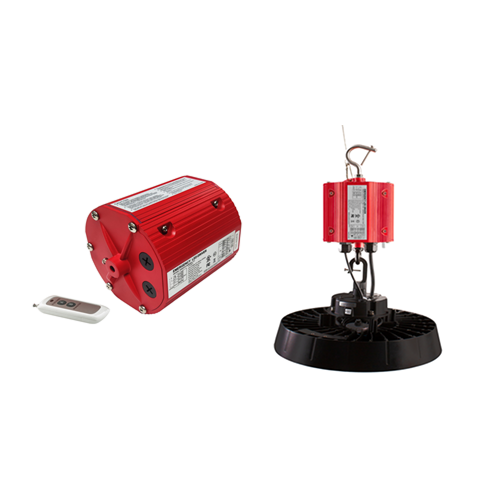 EMUFO-40500DI-YY – red cylindrical emergency battery driver, remote control and suspended UFO high bay installation