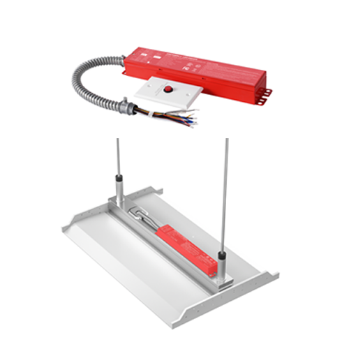 EMA25FY-170 – red emergency driver with flexible conduit and mounting example on a linear high bay fixture