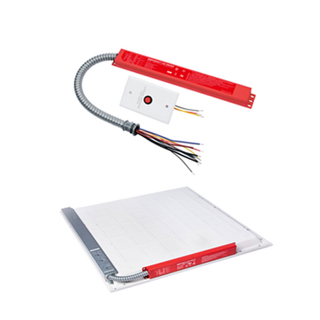 EMH-08170-HY – red slim emergency driver with flexible conduit, test switch and LED panel installation example
