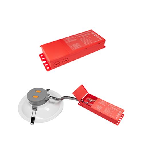 EMW2-08170-HY – red emergency battery driver and wiring example beside an LED downlight