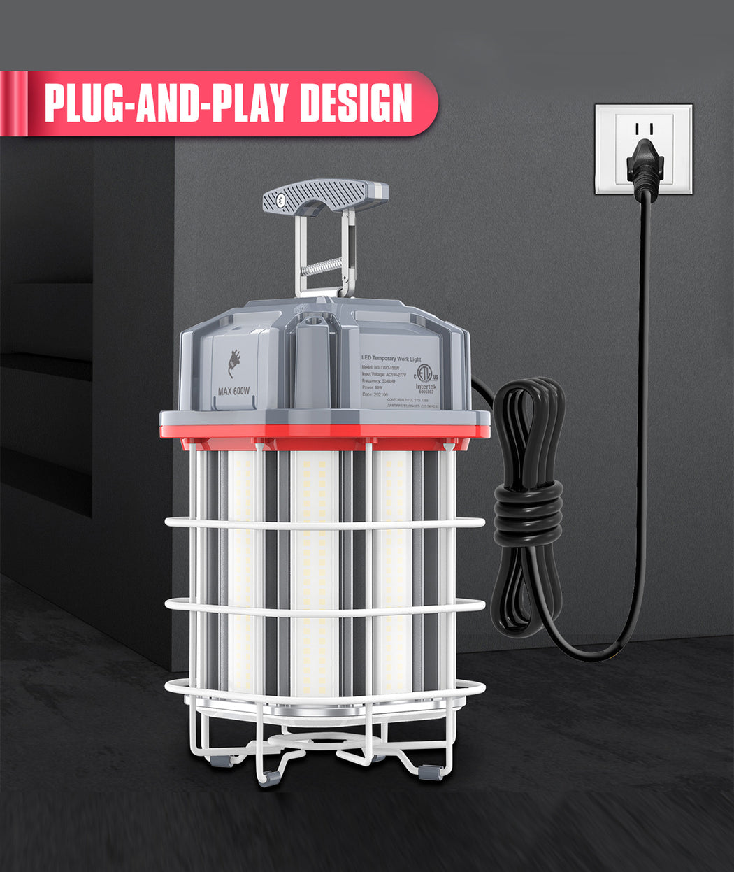 LED Square Work Light, 100W/150W, 100-277V Temporary Construction Hanging Light with US Plug