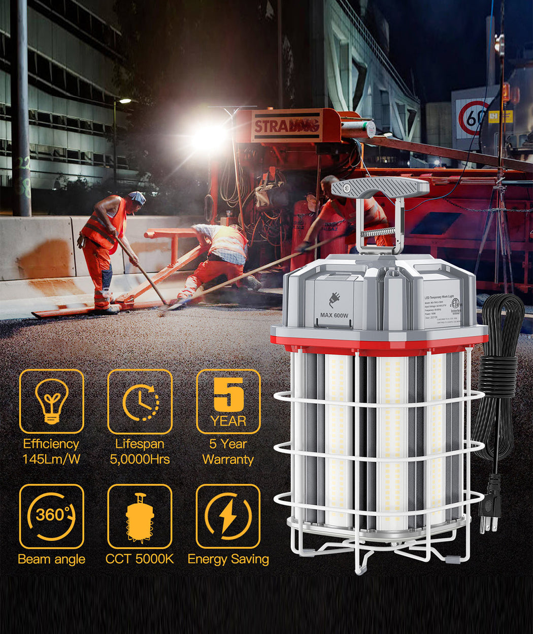 LED Square Work Light, 100W/150W, 100-277V Temporary Construction Hanging Light with US Plug