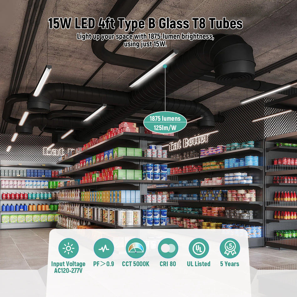LED Glass Tube 120-277V 2100lm ETL, DLC, FCC | 15W 4FT (Milky)
