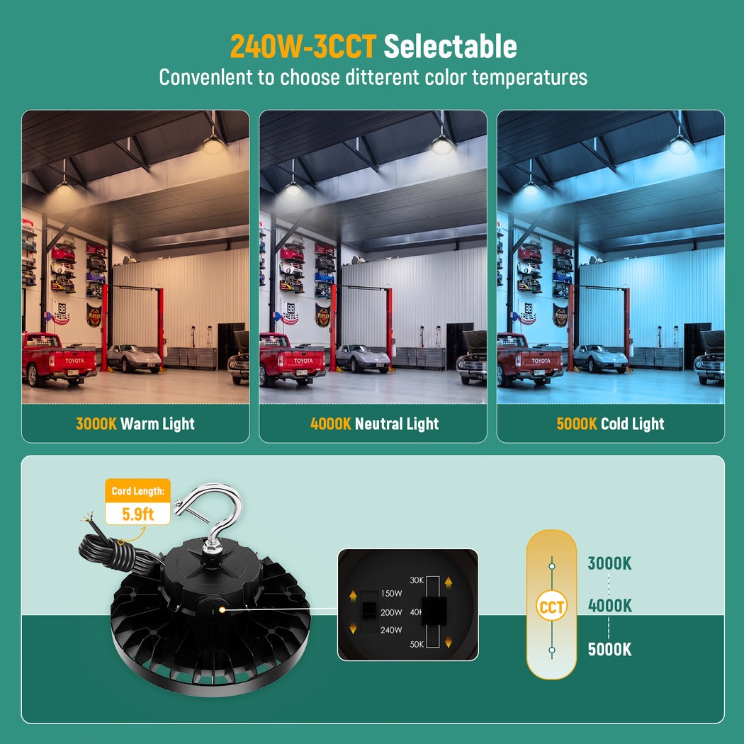 LED UFO High Bay Light 150W/200W/240W Wattage & CCT Selectable 120-277V