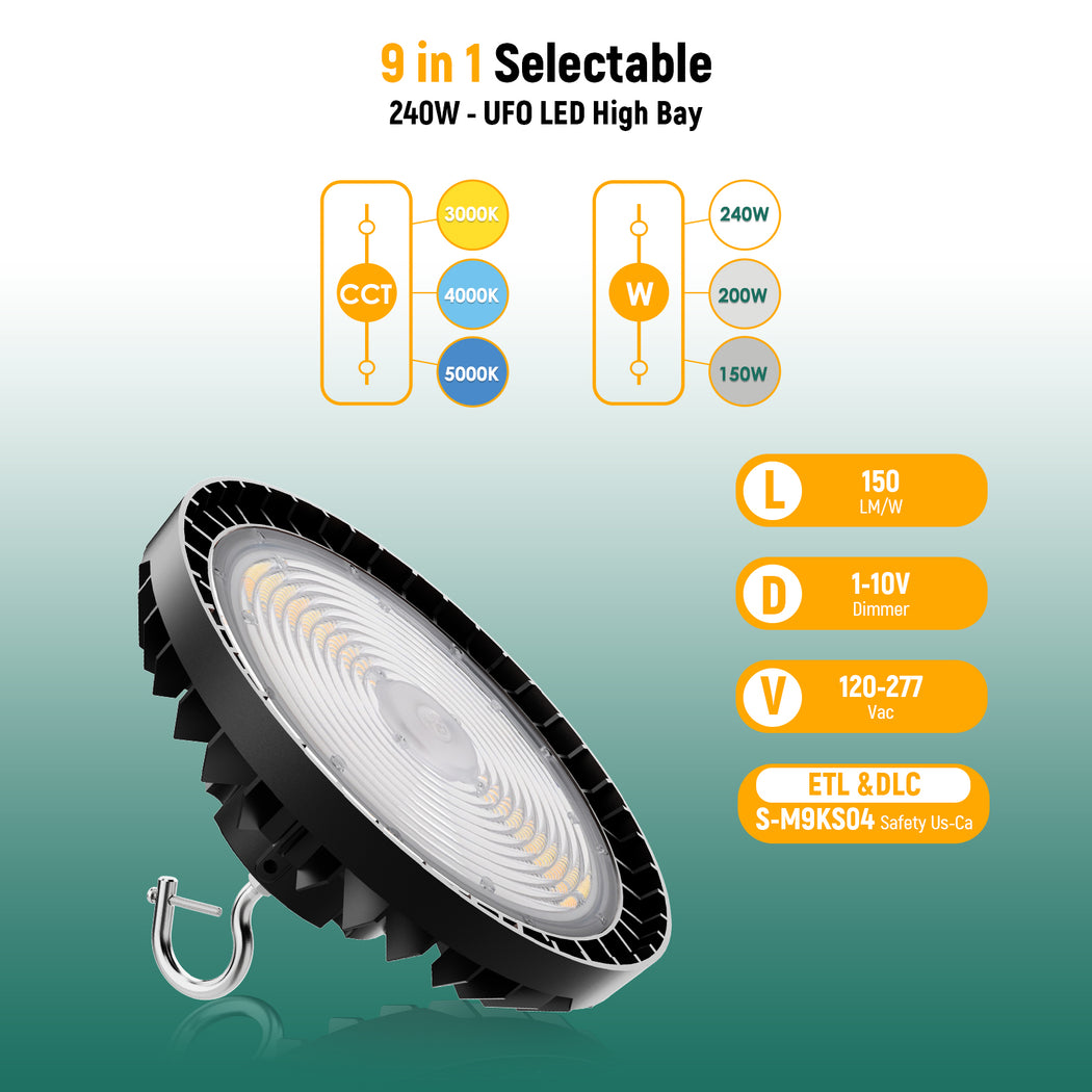 LED UFO High Bay Light 150W/200W/240W Wattage & CCT Selectable 120-277V