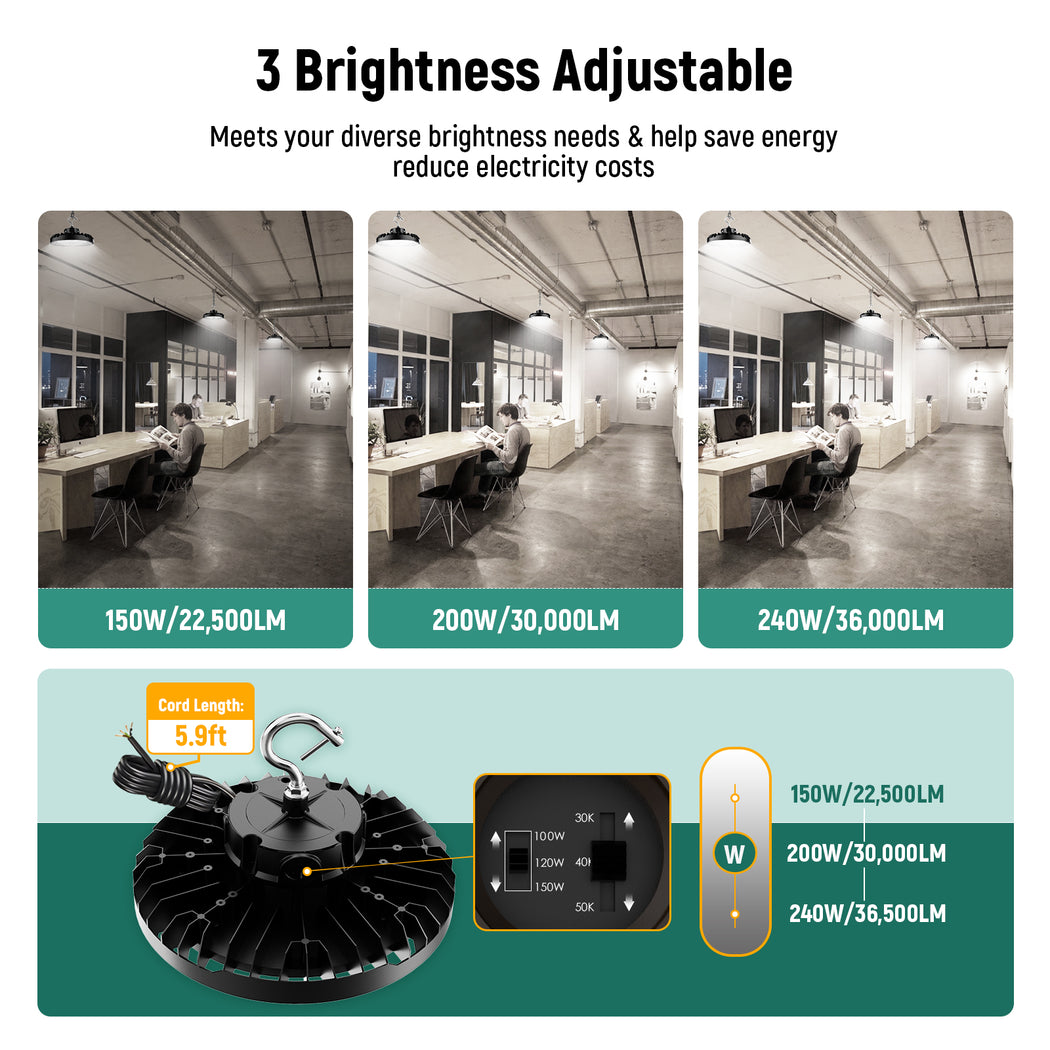 LED UFO High Bay Light 150W/200W/240W Wattage & CCT Selectable 120-277V