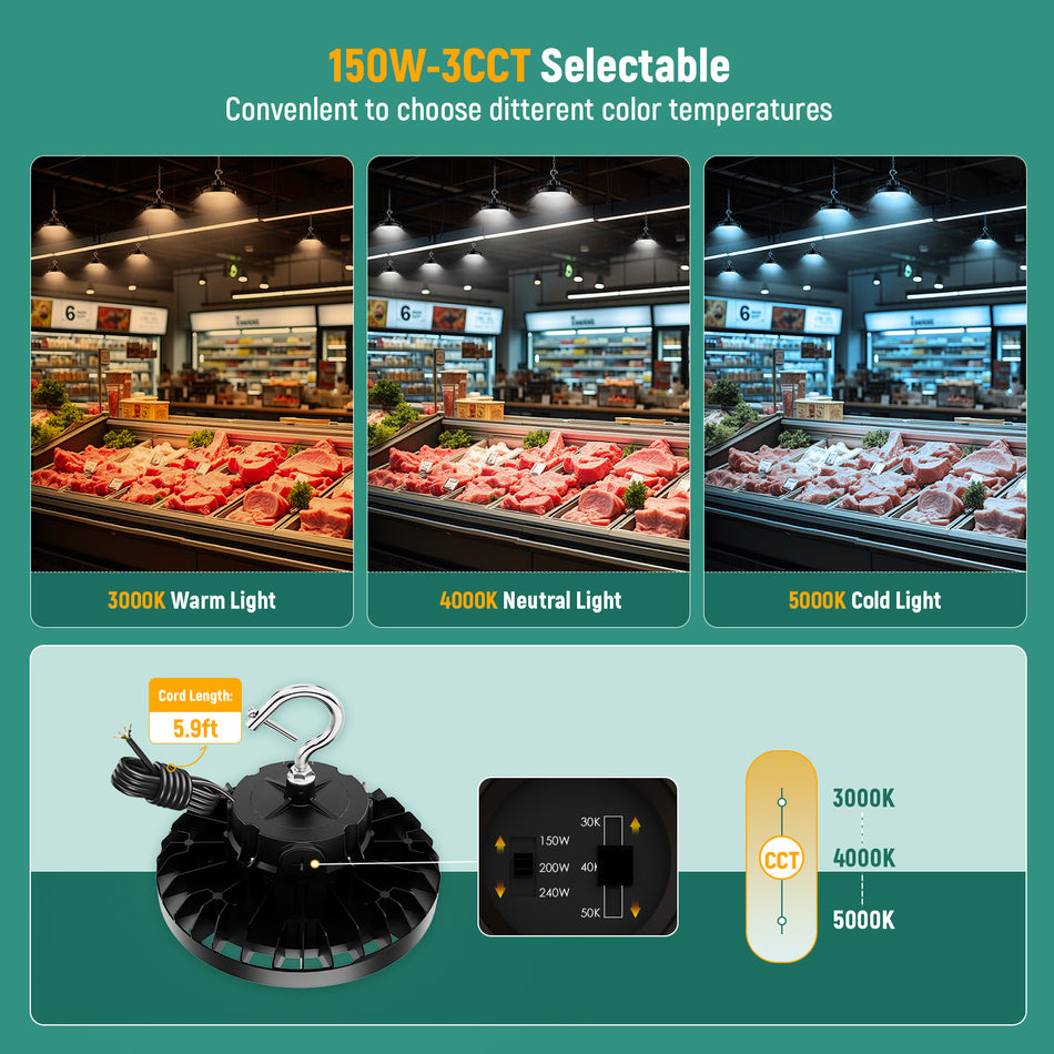 150W LED UFO High Bay Light – 100/120/150W & 3CCT Selectable, 21,000LM, DLC Premium | 277-480V