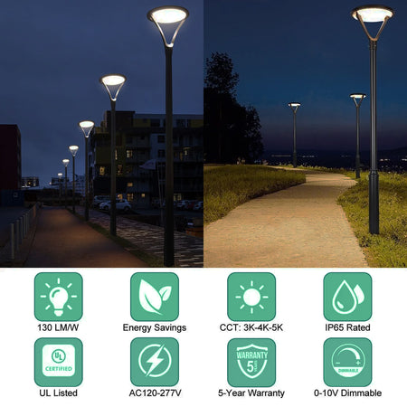 130W Selectable LED Post Top Light, 3CCT, 347-480V, 0-10V Dimmable